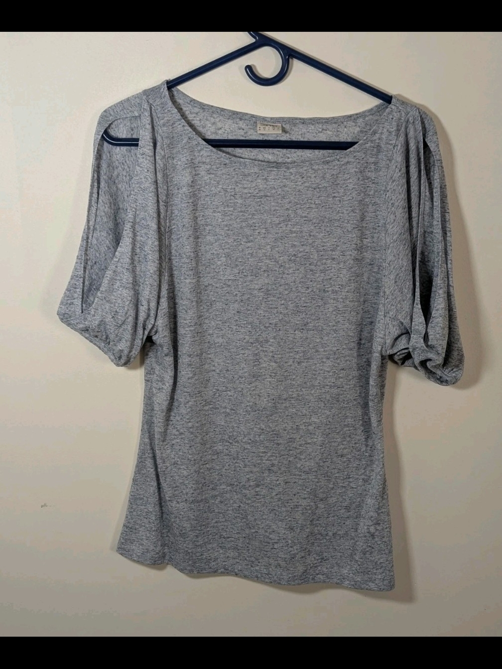 ESPRIT Solid Gray Knit Scoop Neck Short Puff Sleeve T-Shirt Top M